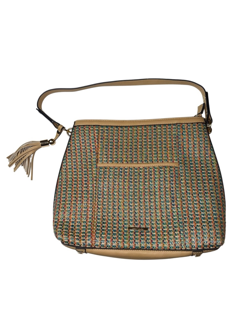 Simply Noelle Multicolor Woven Shoulder Bag with Tan Trim